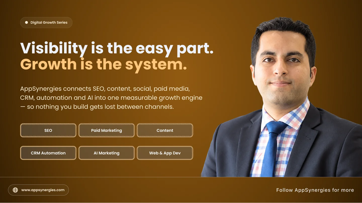 Visibility is the easy part. Growth is the system. AppSynergies connects SEO, content, social, paid media, CRM, automation and AI into one measurable growth engine: SEO, Paid Marketing, Content, CRM Automation, AI Marketing, Web & App Dev.