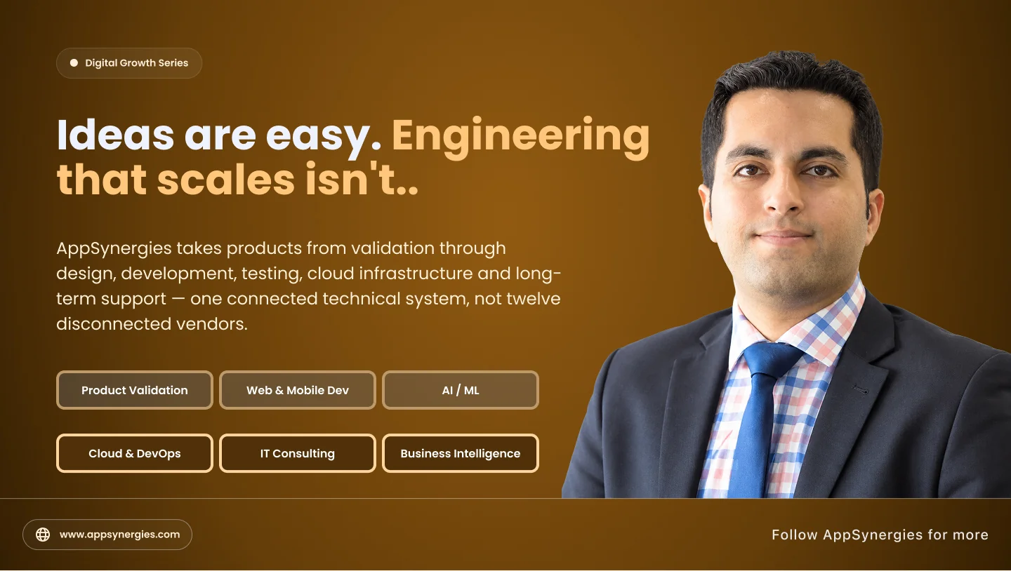 Ideas are easy. Engineering that scales isn't. AppSynergies takes products from validation through design, development, testing, cloud infrastructure and long-term support: Product Validation, Web & Mobile Dev, AI/ML, Cloud & DevOps, IT Consulting, Business Intelligence.